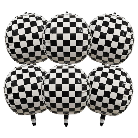 6PCS Checkered Balloons 22 Inch 4D Black and White Checkered Round Foil Balloons Checkered Flag Balloons Race Car Balloons for Race Car Birthday Party Checkered Flag Party Decorations Supplies