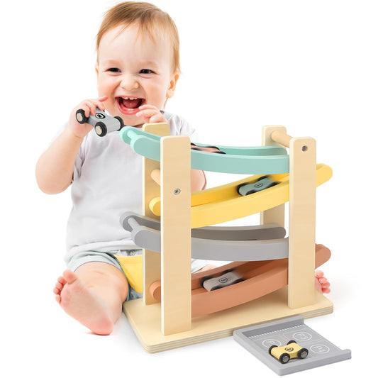 Car Ramp Toys for One Year Old Boy Birthday Gifts Wooden Montessori Toys for 1 2 Year Old Race Track Truck Toy with 4 Mini Cars/1 Parking Lot First Christmas Birthday Gifts for Toddlers 1-3-2-4