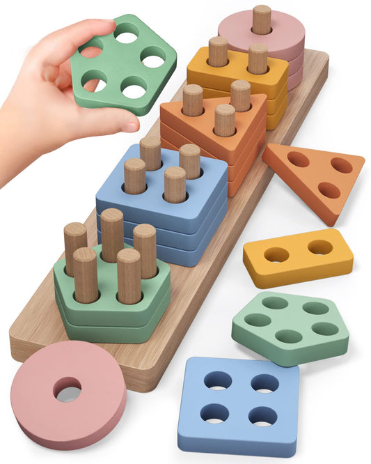 PEBIRA Montessori Toys for 1 2 Year Old Wooden Sorting and Stacking Toys for Toddlers Baby Shape Sorter and Color Stacker Blocks for Toddler Preschool Learning Toy Gift for 12-18 Month Boys Girls