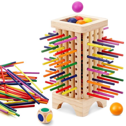 Relaxgiant Montessori Game with 42 Colorful Wooden Sticks Tower Dice Ball Wooden Board Games Fine Motor Skills Counting Math Educational Toys for 3-6 Years Old Boys Girls Family Travel Game Gifts