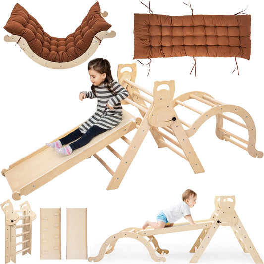 NEOCOZY Pikler Triangle Set with Cushion Arch and Slide Toddler Climbing Toys Indoor Playground Montessori Climbing Set Indoor Jungle Gym Wooden Pickler-3 Piece Climbing Gym for Kids 1.5-6yr